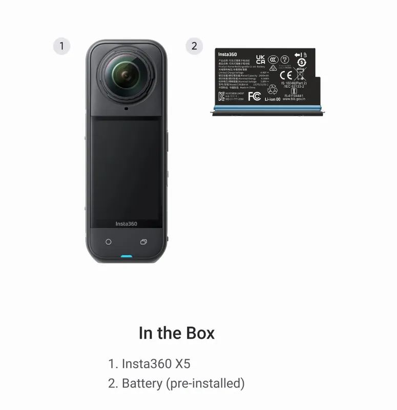 X5 Standard Bundle box-content reference showing the camera and pre-installed battery
